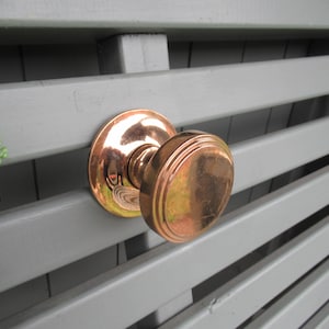May include: A polished copper-toned round door knob featuring a smooth, reflective surface and a circular backplate with concentric ring detailing, mounted on a series of horizontal gray slats with a green plant visible on the left side.