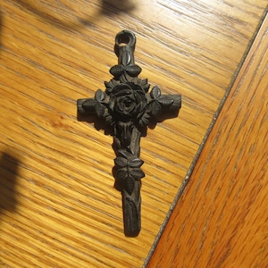 Antique Victorian Hand Carved Irish Bog Wood Cross Mourning Pendant