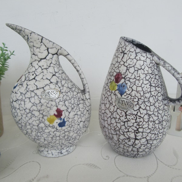 Set of 2 Jopeko Keramik Jug/Vases Cortina Design,White Crackle Glaze,Fat Lava - West German Pottery - Numbers 538 - 19 / 562 - 16