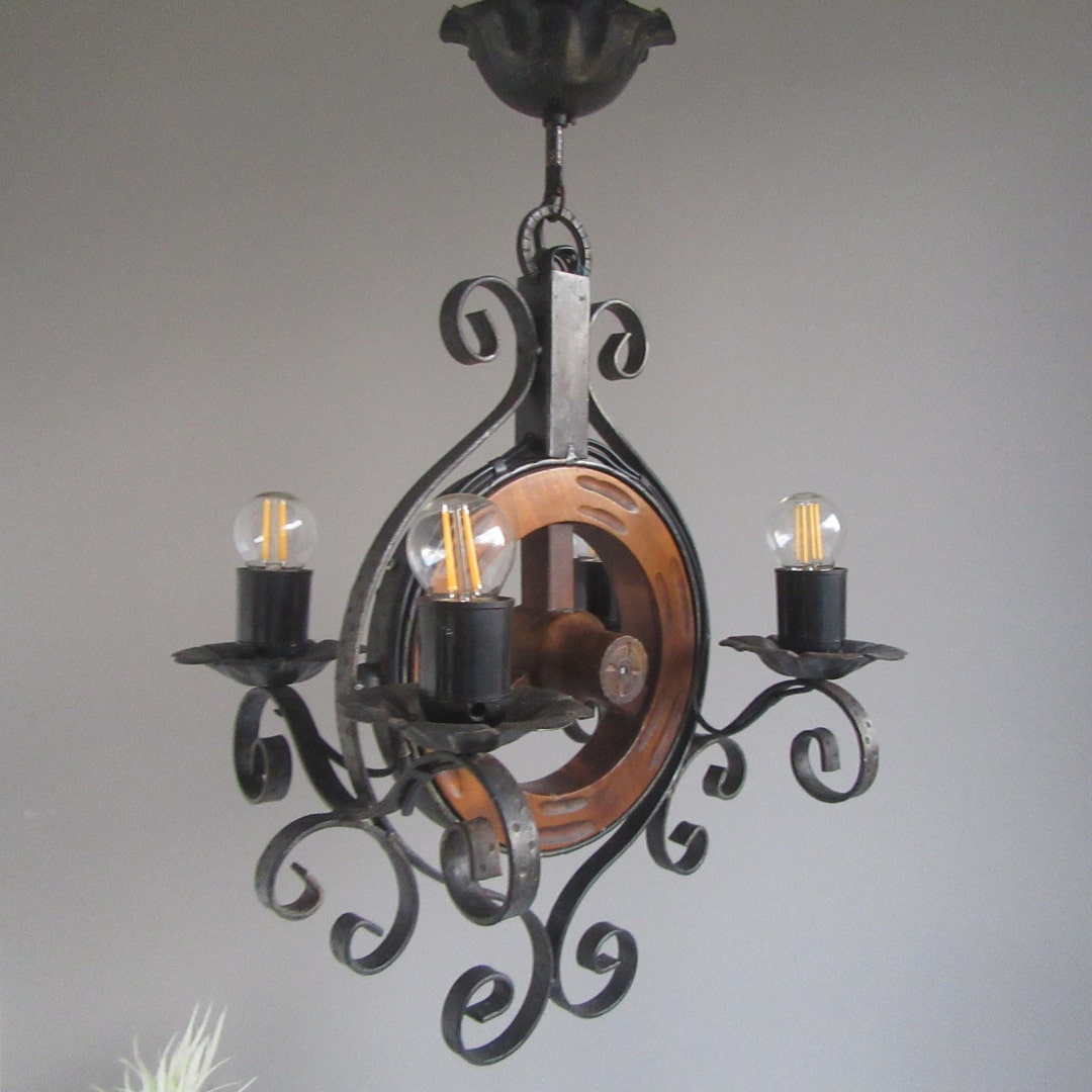 Vintage Wrought Iron and Wood Chandelier, Ceiling Pendant 4 Lights ...