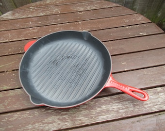 Vintage Le Creuset Grill Pan, Volcano Red Enamelled Cast Iron, 12" Made France