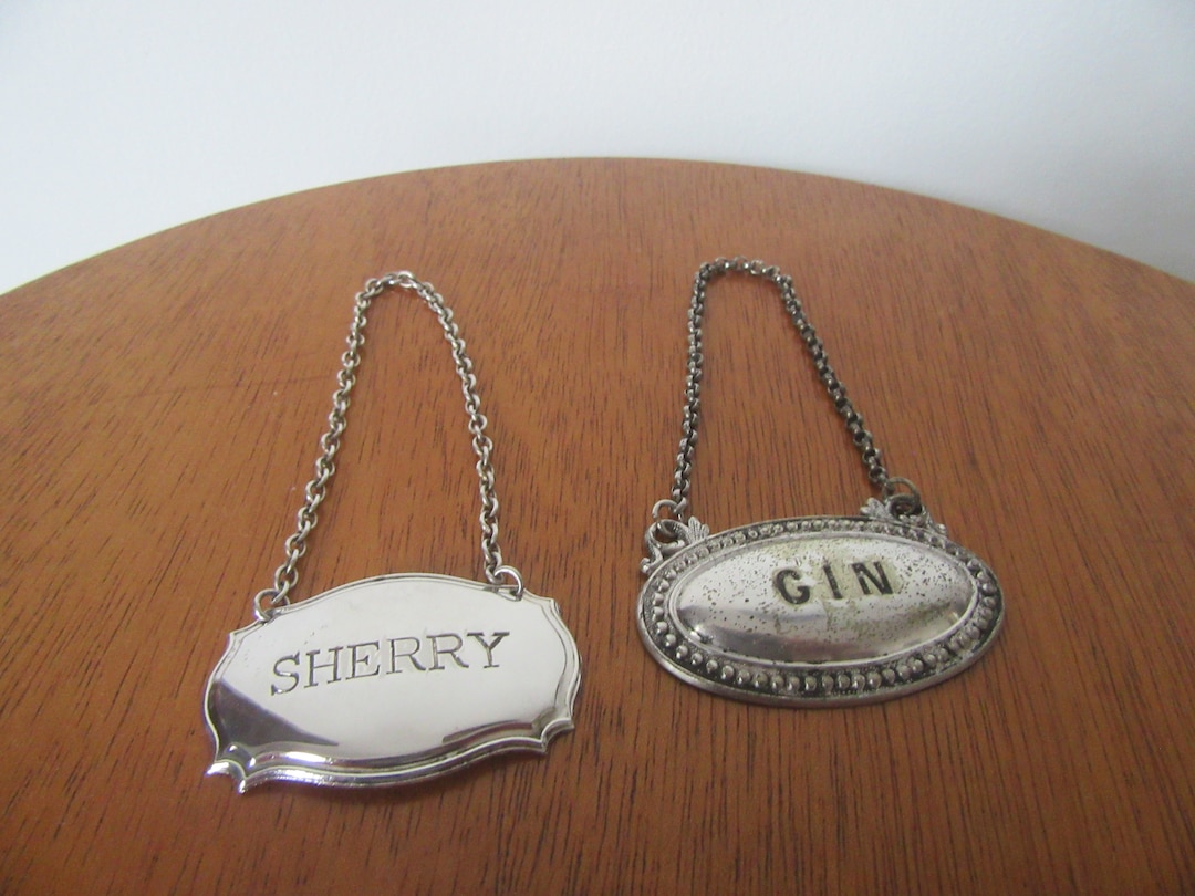 2 X Vintage Decanter Bottle Labels Gin and Sherry Silver Plated