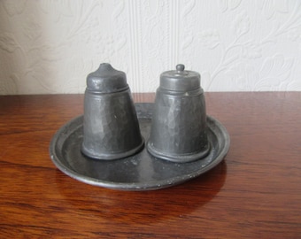 Antique Hammered Pewter Salt & Pepper Shakers with Tray, Arts and Crafts Rare Collectible.