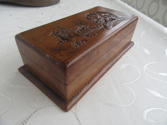 Vintage Wooden Box with Hand Carved Hinged Lid- H… - image 1