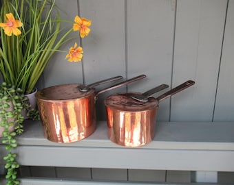 2 x Small Antique Copper Pans with Lids - Iron Handles - Kitchen Decoration.