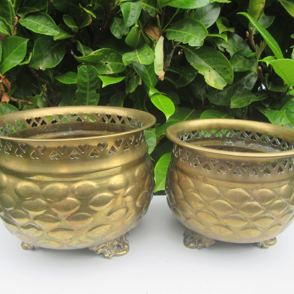 Pair Vintage Ornate Footed Brass Planters,Pierced Pattern Around Rim.