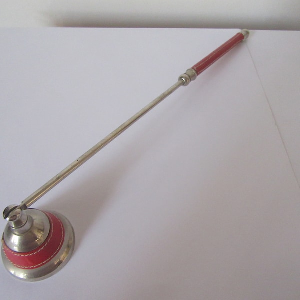 Vintage Candle snuffer silver metal with red leather handle and detail.