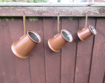 Set Of 3 Vintage Graduated Heavy Duty Copper Measuring / Pouring Jugs, Tin Lined, With Brass Handles