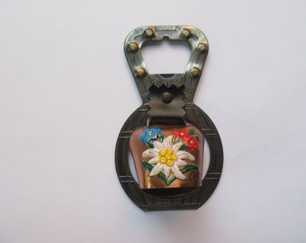 Vintage Bottle Opener Switzerland Souvenir Beautiful Copper and Metal Bell & Flowers Painted - Chateau-d'Oex Switzerland