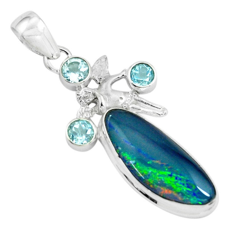 14.88cts Blue Doublet Opal Australian 925 Silver Angel Wings Fairy Pendant Handmade By JaipurShopCo