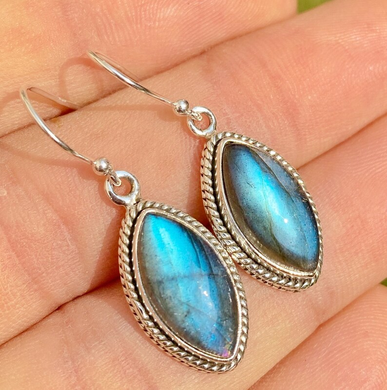 9 carats designer labradorite marquise shape silver earrings Handmade By JaipurShopCo