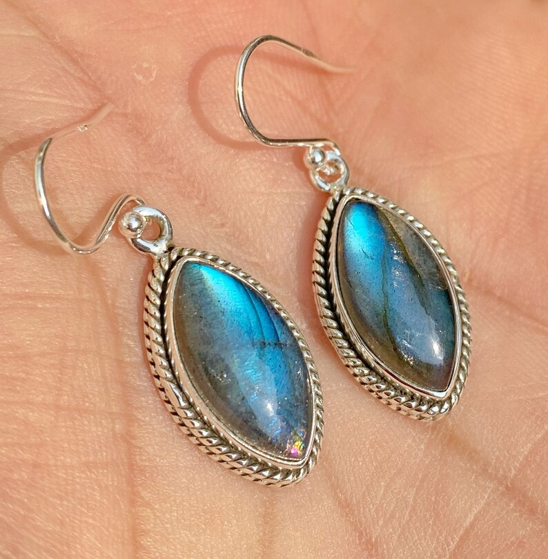 9 carats designer labradorite marquise shape silver earrings Handmade By JaipurShopCo