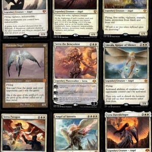 Könnte beinhalten: Neun Magic: The Gathering Sammelkarten mit Engel-Kreaturen. Karten enthalten Avacyn, Engel der Hoffnung, Akroma, Engel des Zorns und Serra die Wohlwollende. Jede Karte hat einzigartige Kunst und Spieltext.