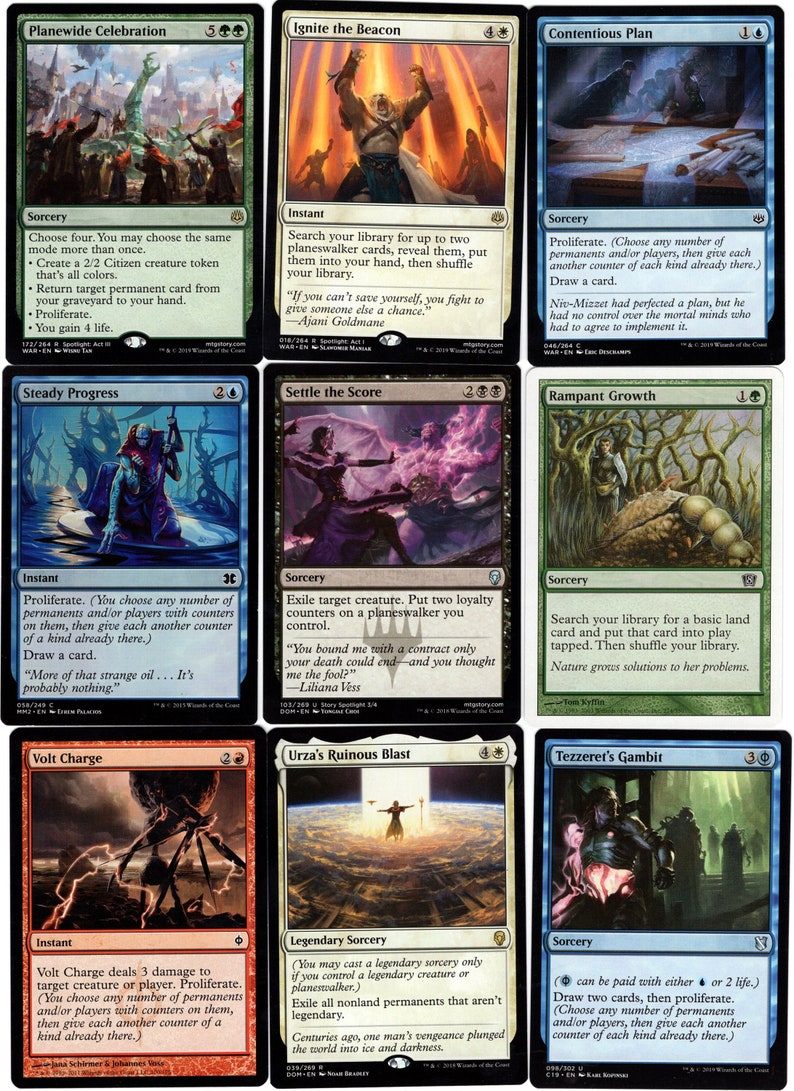 May include: A set of ten Magic: The Gathering cards featuring various illustrations and text. The cards are arranged in a grid of two rows and five columns. The cards are all different colors and have different illustrations. The text on the cards is in English.
