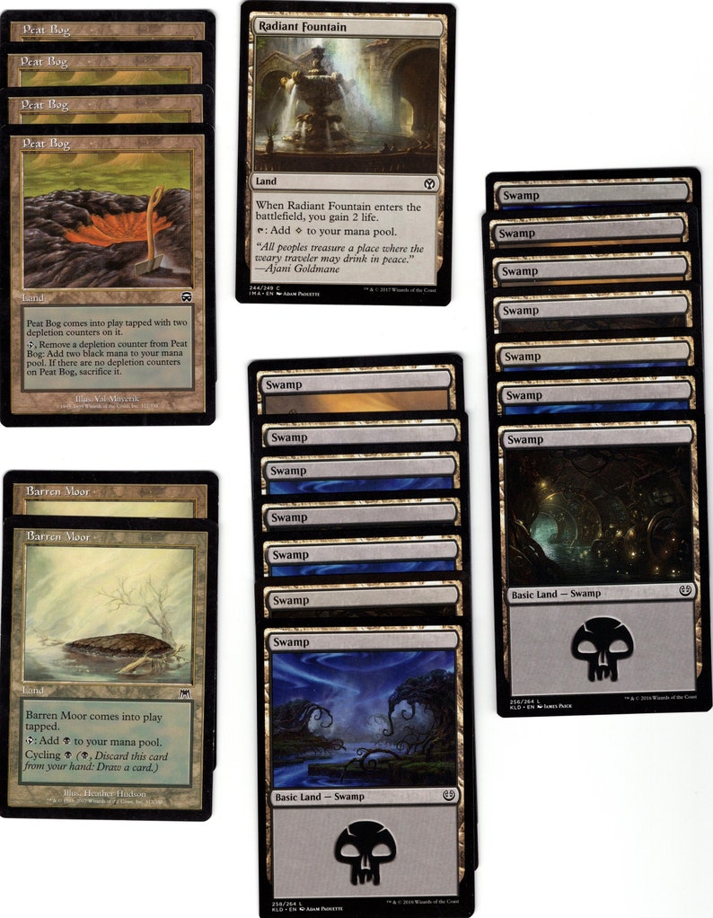 May include: A collection of Magic: The Gathering cards, including Peat Bog, Barren Moor, Radiant Fountain, and Swamp. The cards are arranged in rows and columns, with the names of the cards visible.