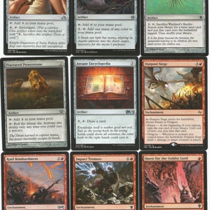 May include: A set of ten Magic: The Gathering cards featuring various red and black fantasy illustrations. The cards depict a magnifying glass, a lens, a bauble, a powerstone, an encyclopedia, a siege, a bombardment, tremors, a quest, and a goblin lord.