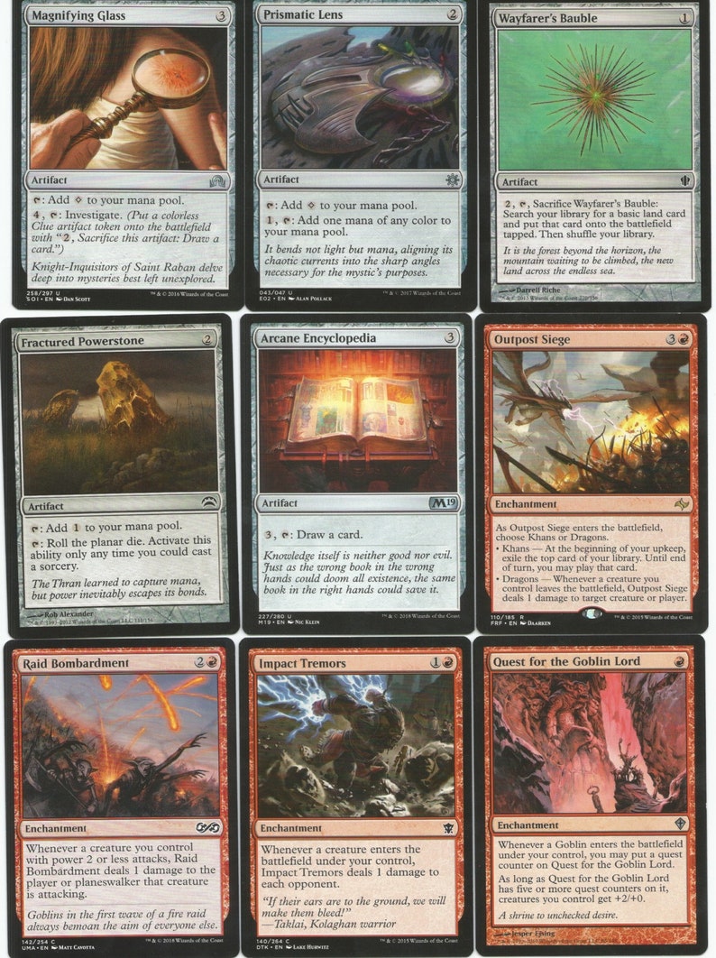 May include: A set of ten Magic: The Gathering cards featuring various red and black fantasy illustrations. The cards depict a magnifying glass, a lens, a bauble, a powerstone, an encyclopedia, a siege, a bombardment, tremors, a quest, and a goblin lord.