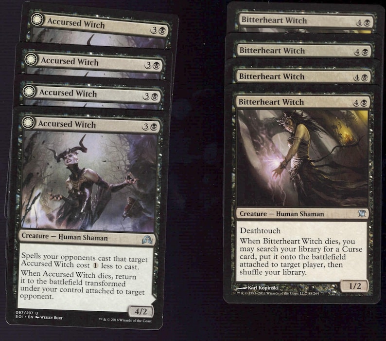 May include: A collection of black and white Magic: The Gathering trading cards. The cards feature illustrations of witches and include text describing their abilities. The cards are titled "Accursed Witch" and "Bitterheart Witch".