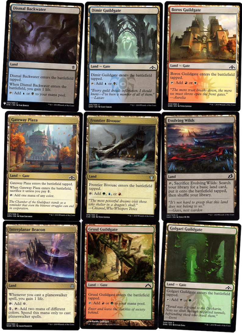 May include: A set of ten Magic: The Gathering cards featuring different lands, each with a unique illustration and ability. The cards are from the Guildgate cycle, which features lands that produce two colors of mana.