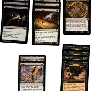 May include: A set of black Magic: The Gathering cards featuring various creatures and spells. The cards include "Murder", "Sign in Blood", "Read the Bones", "Befoul", and "Rancid Earth".