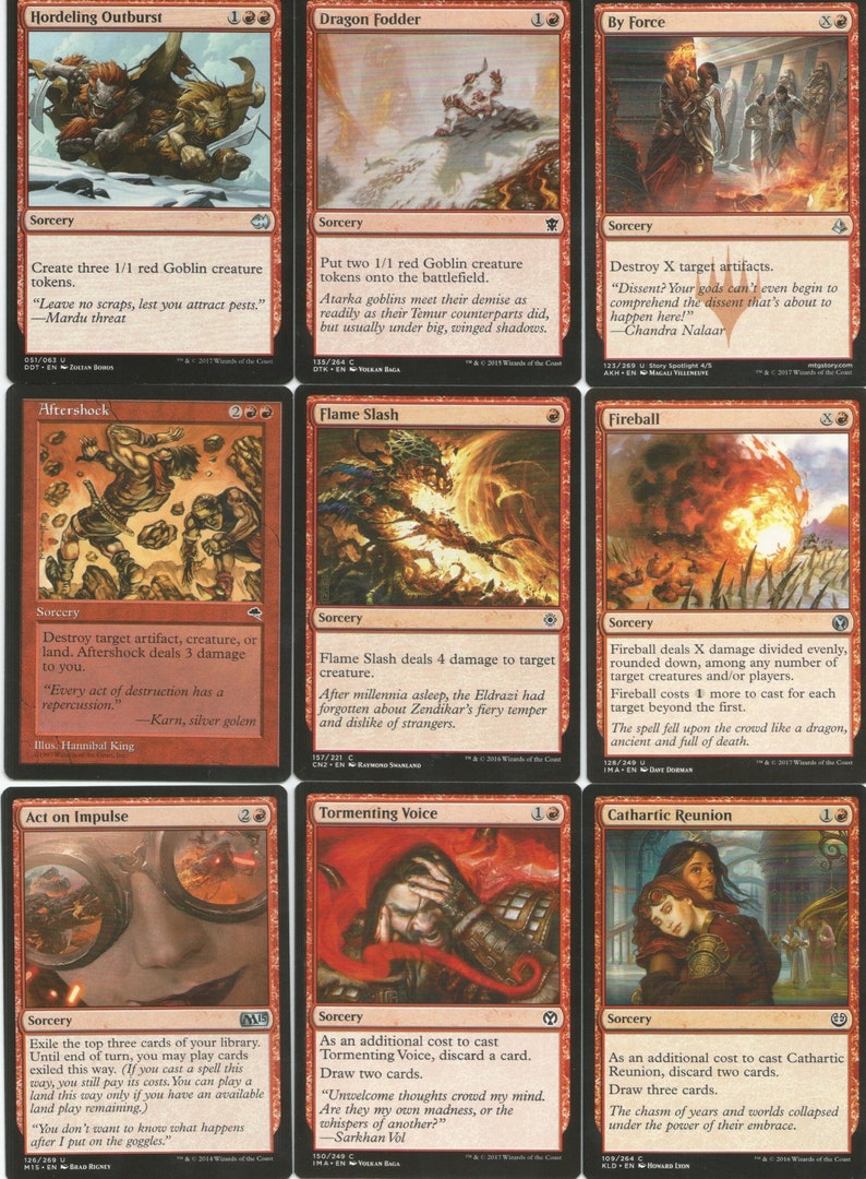 May include: A set of ten Magic: The Gathering cards featuring red and black designs. The cards depict various scenes of fire, goblins, and other fantasy creatures. The cards are from the sets Dragons of Tarkir, Oath of the Gatewatch, and Kaladesh.
