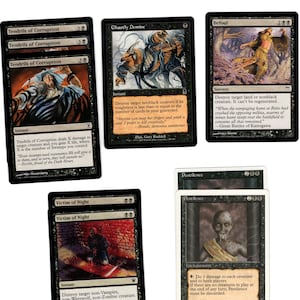 May include: A set of ten black Magic: The Gathering cards featuring various creatures and spells. The cards include "Tendrils of Corruption", "Ghastly Demise", "Befoul", "Victim of Night", and "Pestilence".