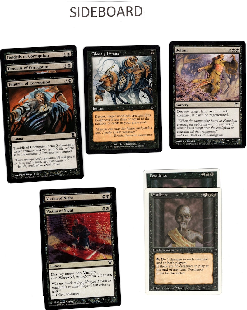 May include: A set of ten black Magic: The Gathering cards featuring various creatures and spells. The cards include "Tendrils of Corruption", "Ghastly Demise", "Befoul", "Victim of Night", and "Pestilence".