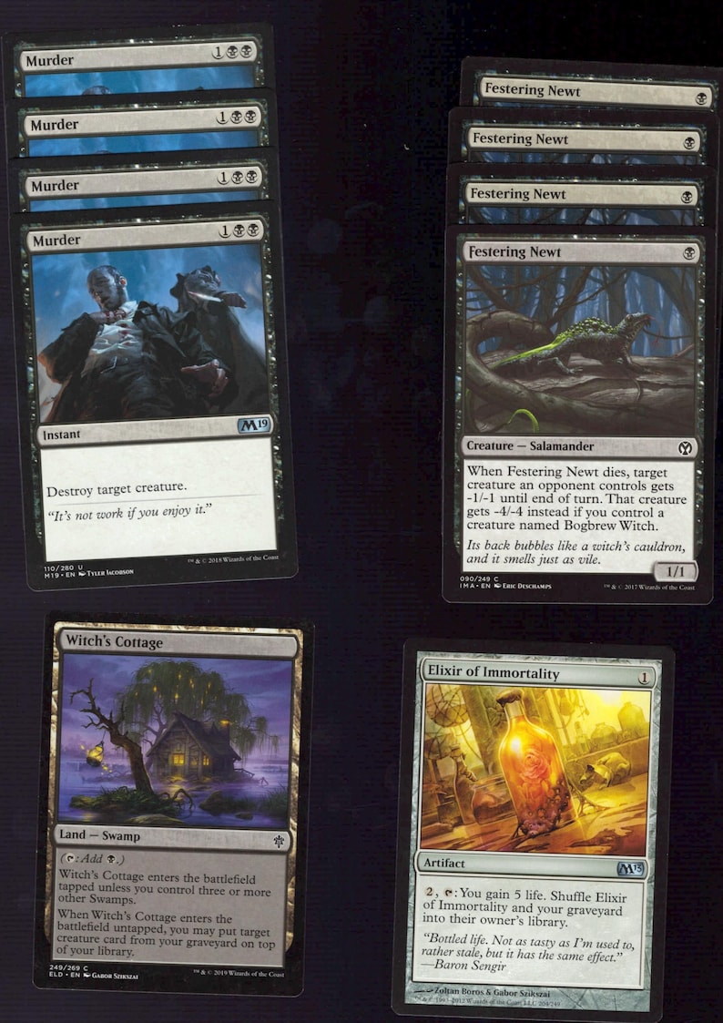 May include: A collection of Magic: The Gathering trading cards. The cards feature various illustrations and text, including the cards "Murder", "Festering Newt", "Witch's Cottage", and "Elixir of Immortality". The cards are in English.