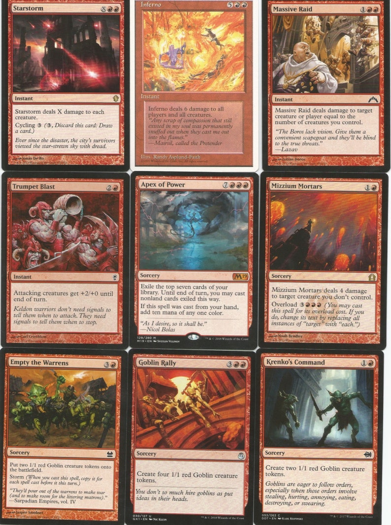 May include: A collection of 10 Magic: The Gathering cards featuring red and orange colors with illustrations of fire, goblins, and warriors. The cards are from the set "M19" and feature various abilities and effects.