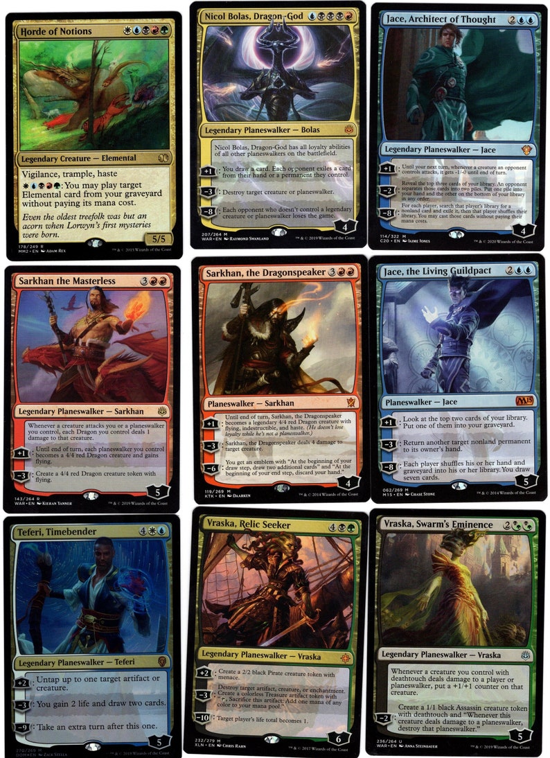 May include: A collection of nine Magic: The Gathering cards featuring planeswalkers. The cards are arranged in three rows of three. The cards feature various planeswalkers, including Jace, Sarkhan, and Vraska. Each card has a unique illustration and text.