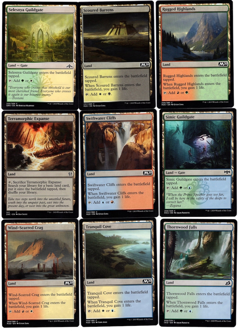 May include: A set of ten Magic: The Gathering cards featuring various land types, including Selesnya Guildgate, Scoured Barrens, Rugged Highlands, Terramorphic Expanse, Swiftwater Cliffs, Simic Guildgate, Wind-Scarred Crag, Tranquil Cove, and Thornwood Falls. Each card features a unique illustration and text describing its abilities.