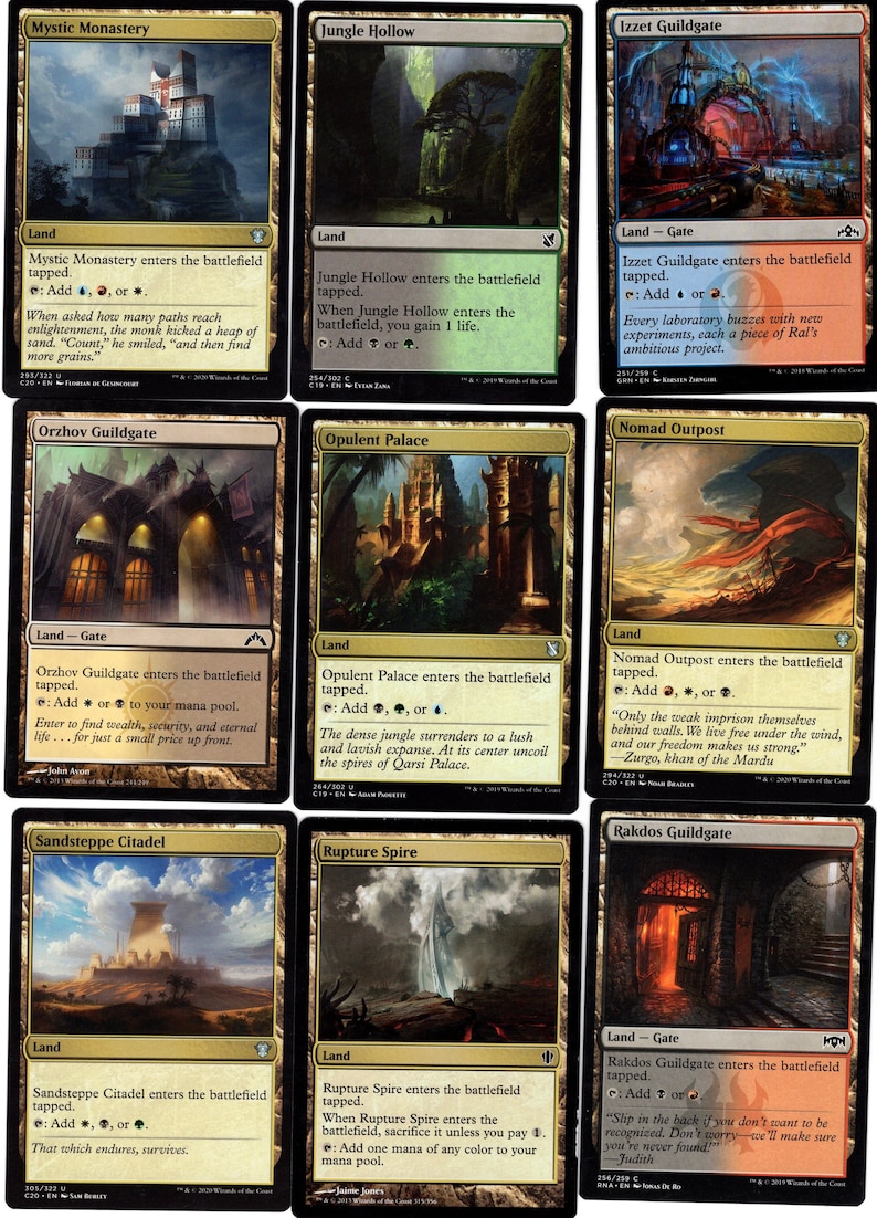 May include: A set of ten Magic: The Gathering cards featuring various lands and guildgates. The cards are in a gold and black frame with a white background. The cards feature different illustrations of landscapes and buildings.