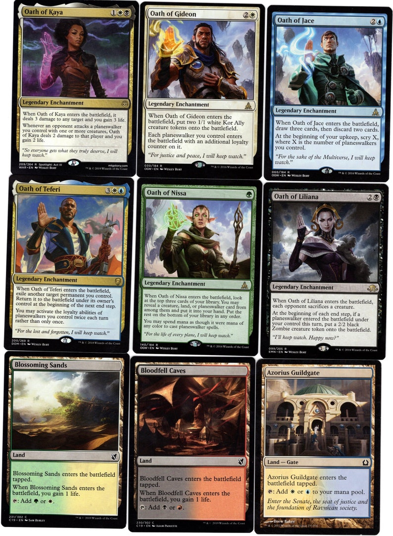 May include: A set of ten Magic: The Gathering cards featuring various legendary enchantments, lands, and a gate card. The cards are in a black border frame with colorful illustrations and text.