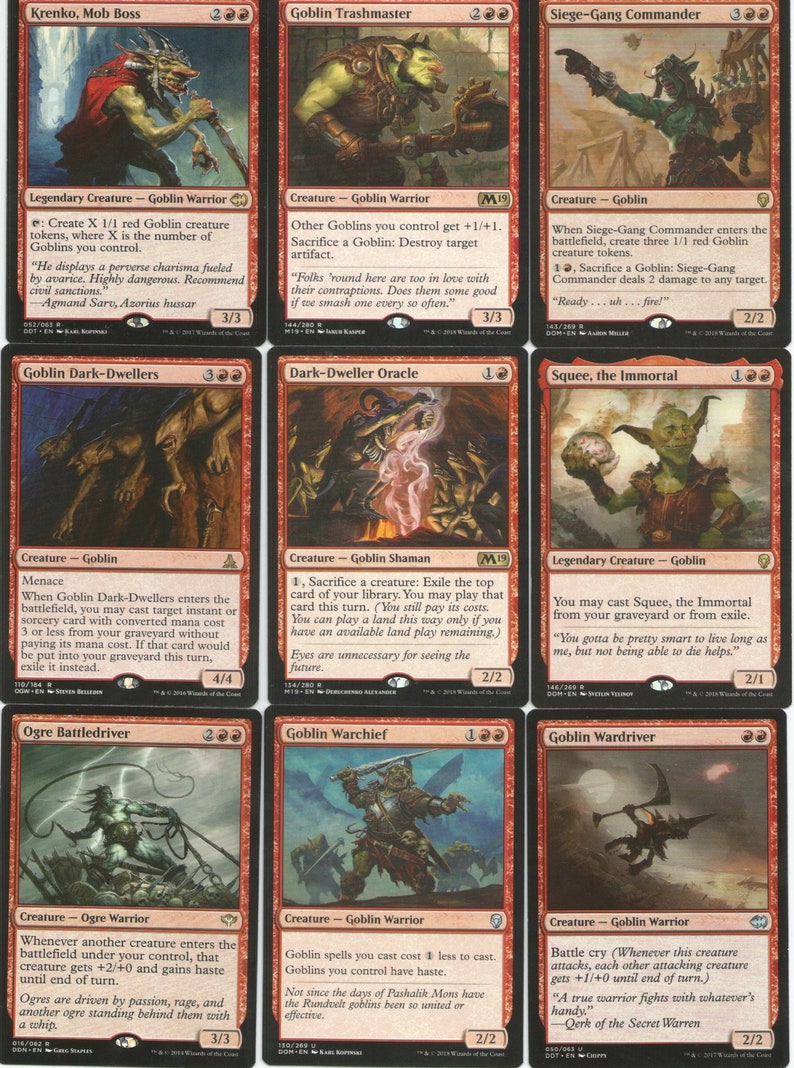 May include: A collection of 10 trading cards featuring goblins from the Magic: The Gathering card game. The cards are red and black with illustrations of goblins in various poses. The cards are arranged in a grid of two rows and five columns.