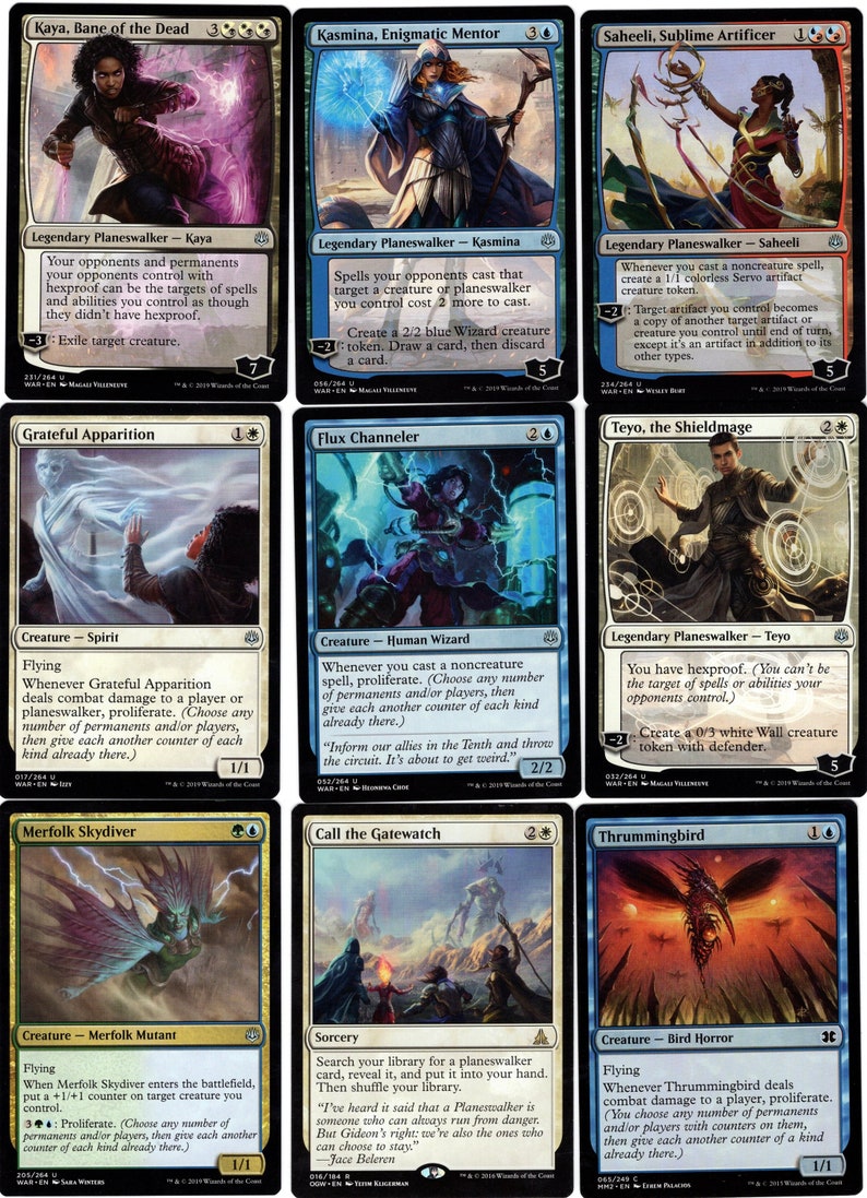 May include: A set of ten Magic: The Gathering cards featuring various characters and abilities. The cards are in a blue, white, and black color scheme with illustrations of fantasy creatures and characters.