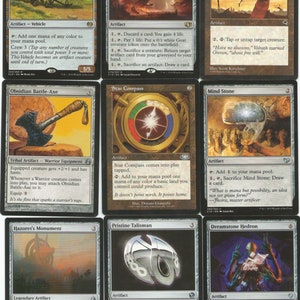 May include: A set of ten Magic: The Gathering cards featuring various artifacts. The cards are in a black border frame with a white background. The cards feature illustrations of a caravan, a trading post, puppet strings, a battle-axe, a compass, a mind stone, a monument, a talisman, a hedron, and a creature.