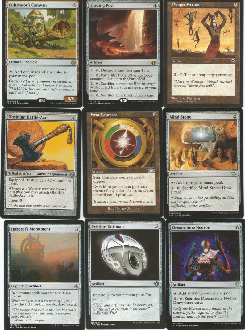 May include: A set of ten Magic: The Gathering cards featuring various artifacts. The cards are in a black border frame with a white background. The cards feature illustrations of a caravan, a trading post, puppet strings, a battle-axe, a compass, a mind stone, a monument, a talisman, a hedron, and a creature.