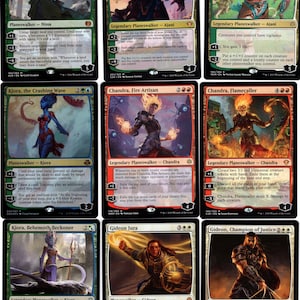 May include: A set of ten Magic: The Gathering cards featuring various planeswalkers. The cards are arranged in three rows of three cards each. The cards feature colorful illustrations and text describing the planeswalkers' abilities.