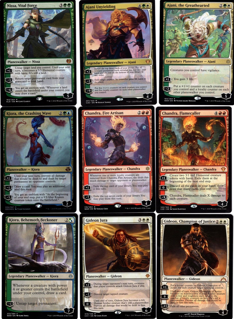 May include: A set of ten Magic: The Gathering cards featuring various planeswalkers. The cards are arranged in three rows of three cards each. The cards feature colorful illustrations and text describing the planeswalkers' abilities.
