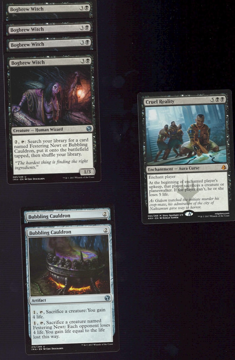 May include: A collection of Magic: The Gathering trading cards. The cards feature illustrations of fantasy creatures and spells. The cards include "Bogbrew Witch", "Cruel Reality", and "Bubbling Cauldron". The cards are in English.