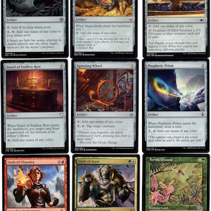 May include: A set of ten Magic: The Gathering cards featuring various artifacts and enchantments. The cards are in a grid format, with each card showcasing a unique illustration and text.