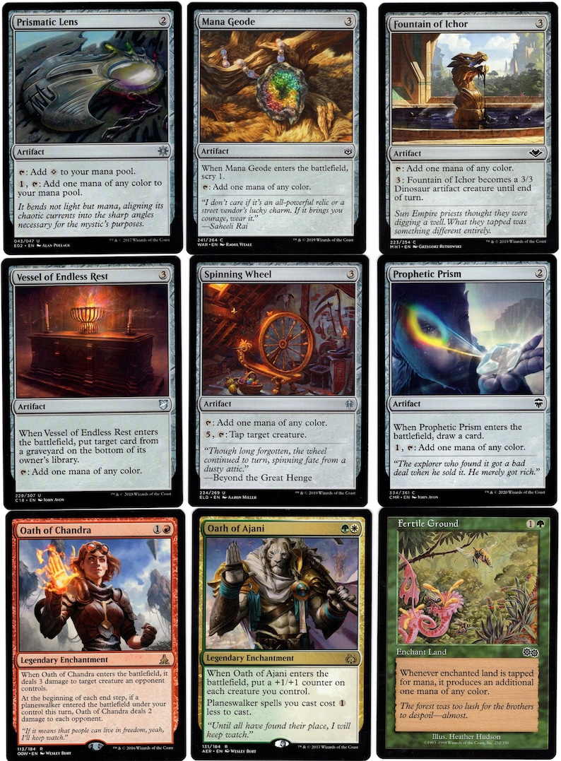 May include: A set of ten Magic: The Gathering cards featuring various artifacts and enchantments. The cards are in a grid format, with each card showcasing a unique illustration and text.