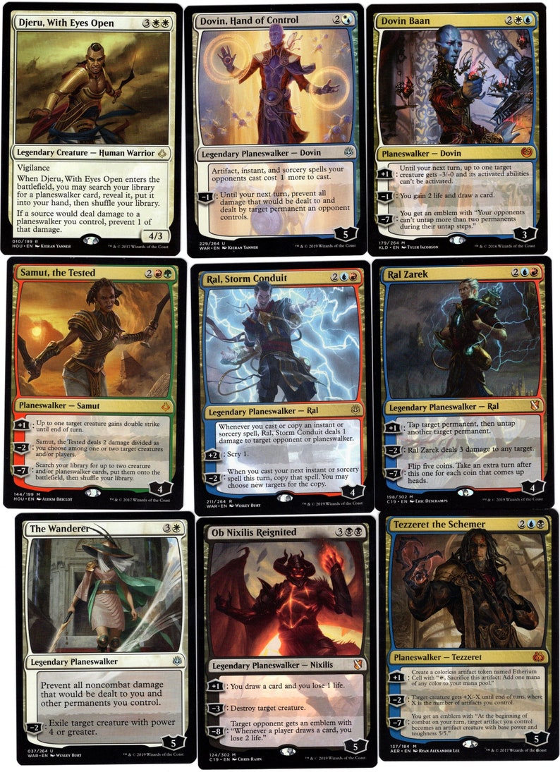 May include: A set of ten Magic: The Gathering cards featuring various planeswalkers, including Djeru, Dovin, Samut, Ral, The Wanderer, Ob Nixilis, and Tezzeret. The cards are in a variety of colors, including red, blue, green, black, and white.