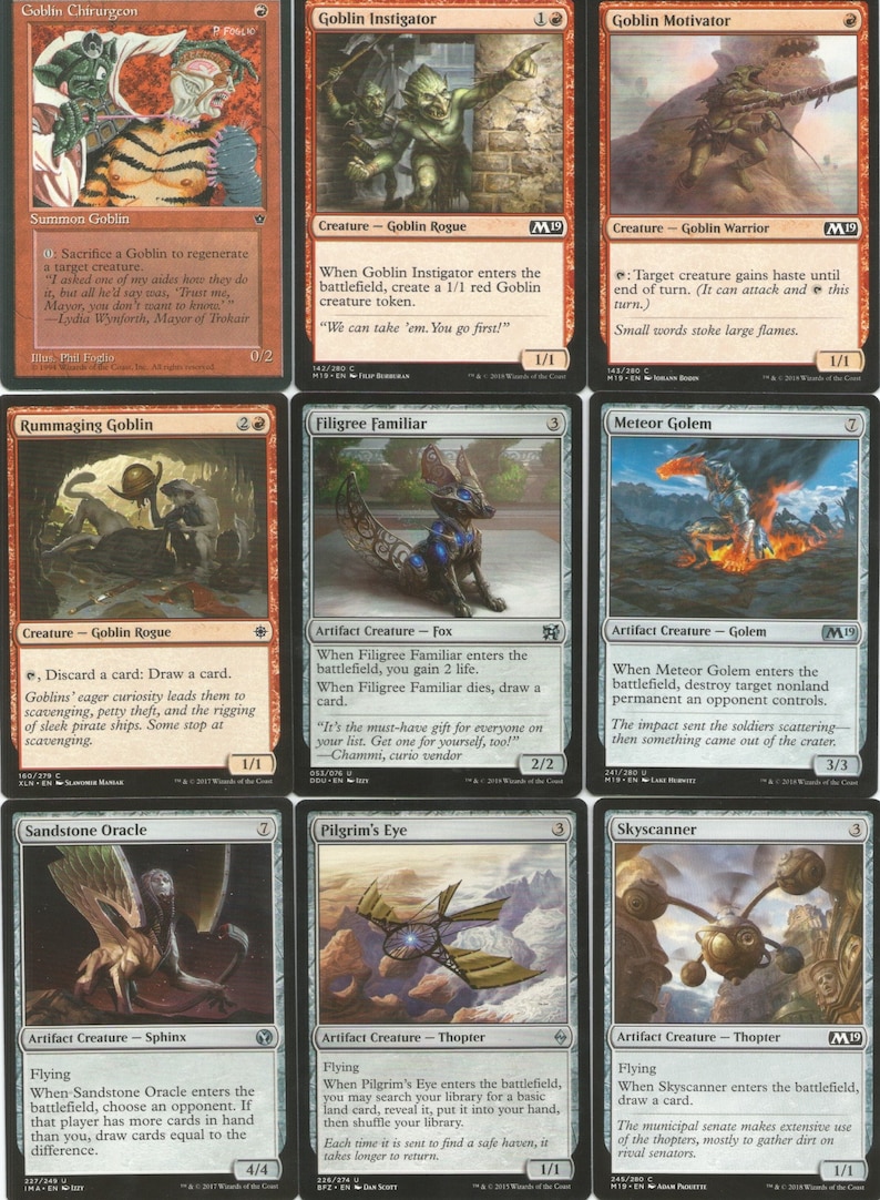 May include: A set of ten trading cards featuring fantasy creatures and characters. The cards are in various colors, including red, black, and white. Each card has a name, a description, and an illustration. The cards are from the Magic: The Gathering trading card game.