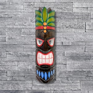 Hawaiian Tiki Mask Wall Hanging - Hand Carved Albesia Wood Decoration Tiki Bar Hut Man Cave Beach Bar Decor Wall Hanging Quirky Garden