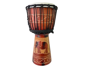 Djembe Drum Musical Instrument Elephant Hand Made Fair Trade Hand Carved Tribal Design Carving Pattern Handheld Drums 40cm 16"