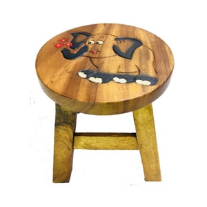 Childrens Wooden Stool Novelty Elephant Design Kids Stool Step Fair Trade Hand Made and Hand Carved Solid Wood Boys or Girls 26x26cm