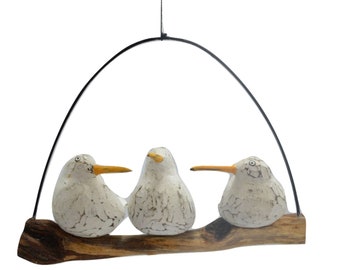 Hanging Birds on Perch Hand Carved and Hand Painted Fair Trade Quirky Fat Seagulls Mobile