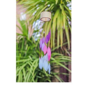 Glass Wind Chime Mobile Hand Made Pink Purple Falling Leaves Leaves Windchime Spiral Garden