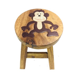 Childrens Wooden Stool Novelty Monkey Design Kids Stool Step Chair Fair Trade Hand Made And Carved Solid Wood Boys or Girls 26x26cm